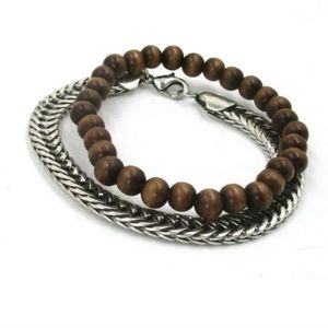New Wood Beaded Stretch and Metal Chain Bracelets Set.
